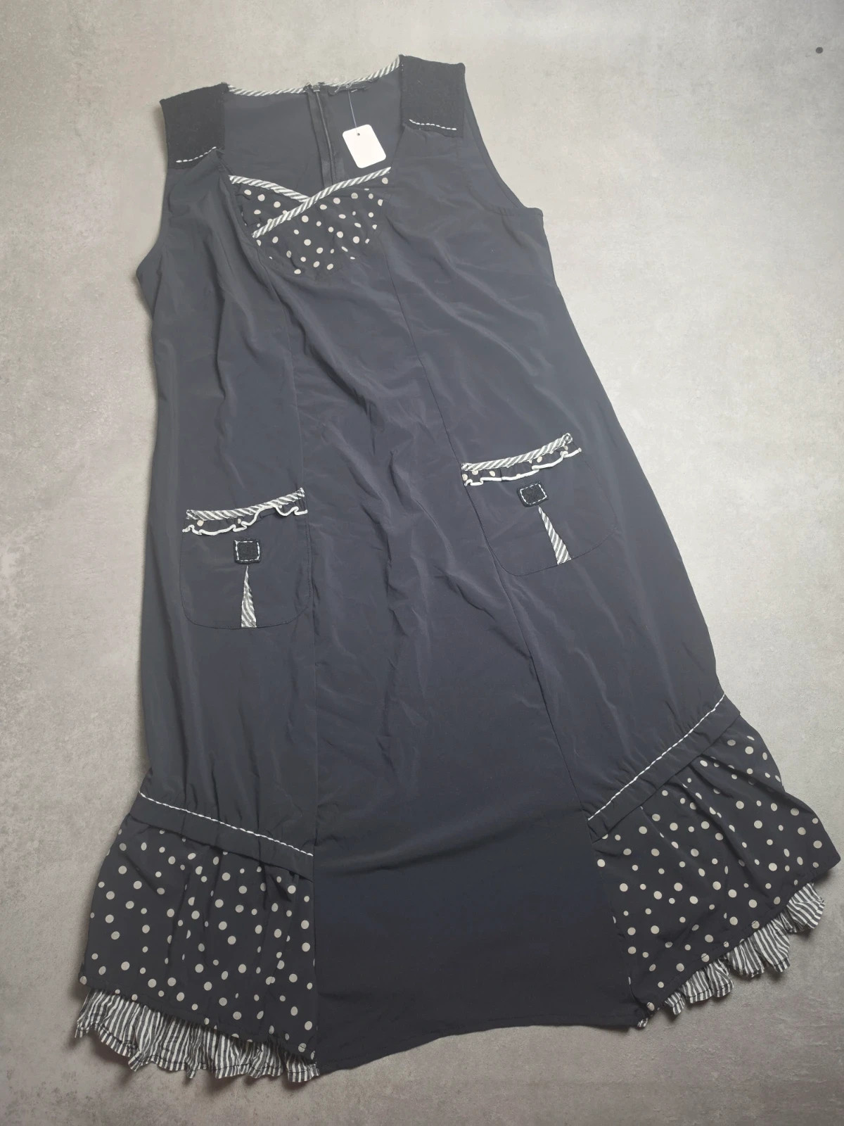 Robe sans manches Jac Jac noir pois rayures volants asymétrique taille XL