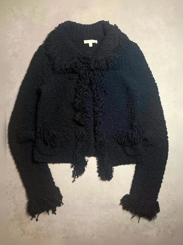 Veste cardigan à franges Un Deux Trois noir laine acrylique Made in France taille S | UND343