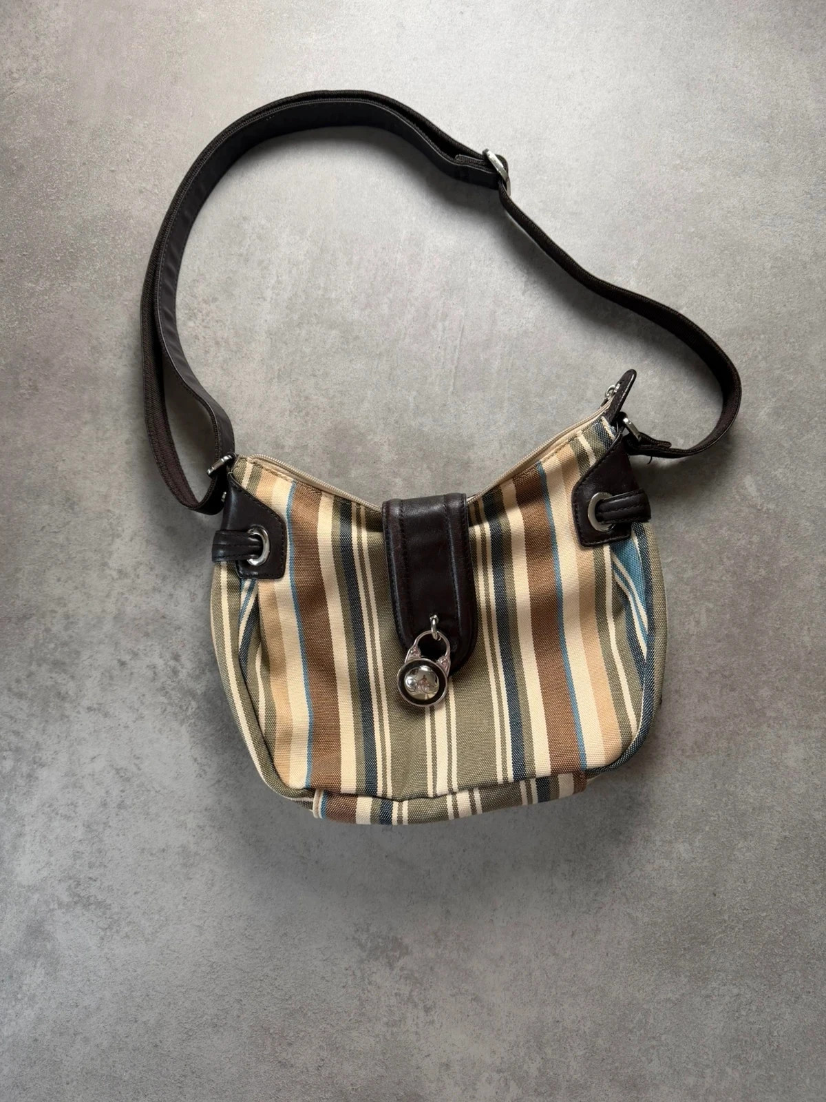 Sac épaule Pourchet vintage rayé toile cuir pou1136